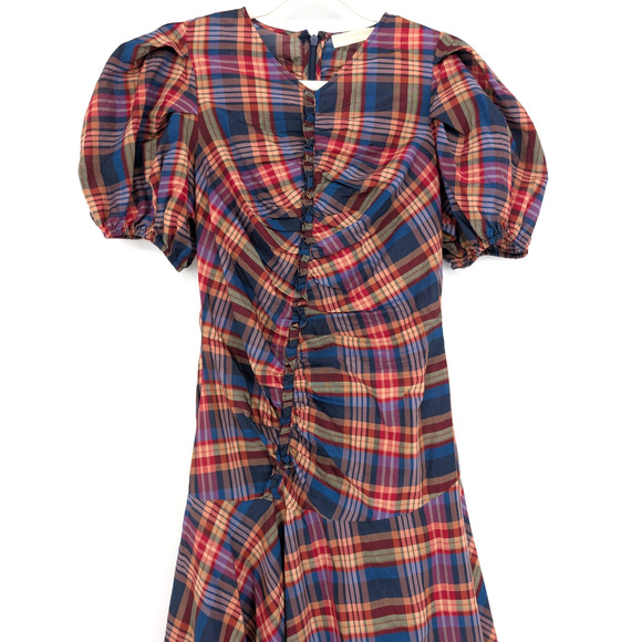 Ulla Johnson Heleen Puff Sleeve Silk Cotton Plaid Asymmetric Midi Dress Size 2 - Picture 7 of 13
